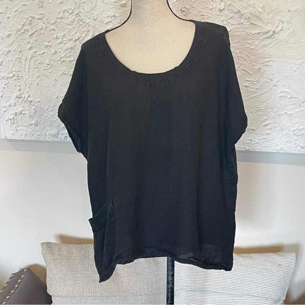 FLAX Brand Washed Black Linen Casual Tunic Top Short Sleeve Lagenlook Sz S.